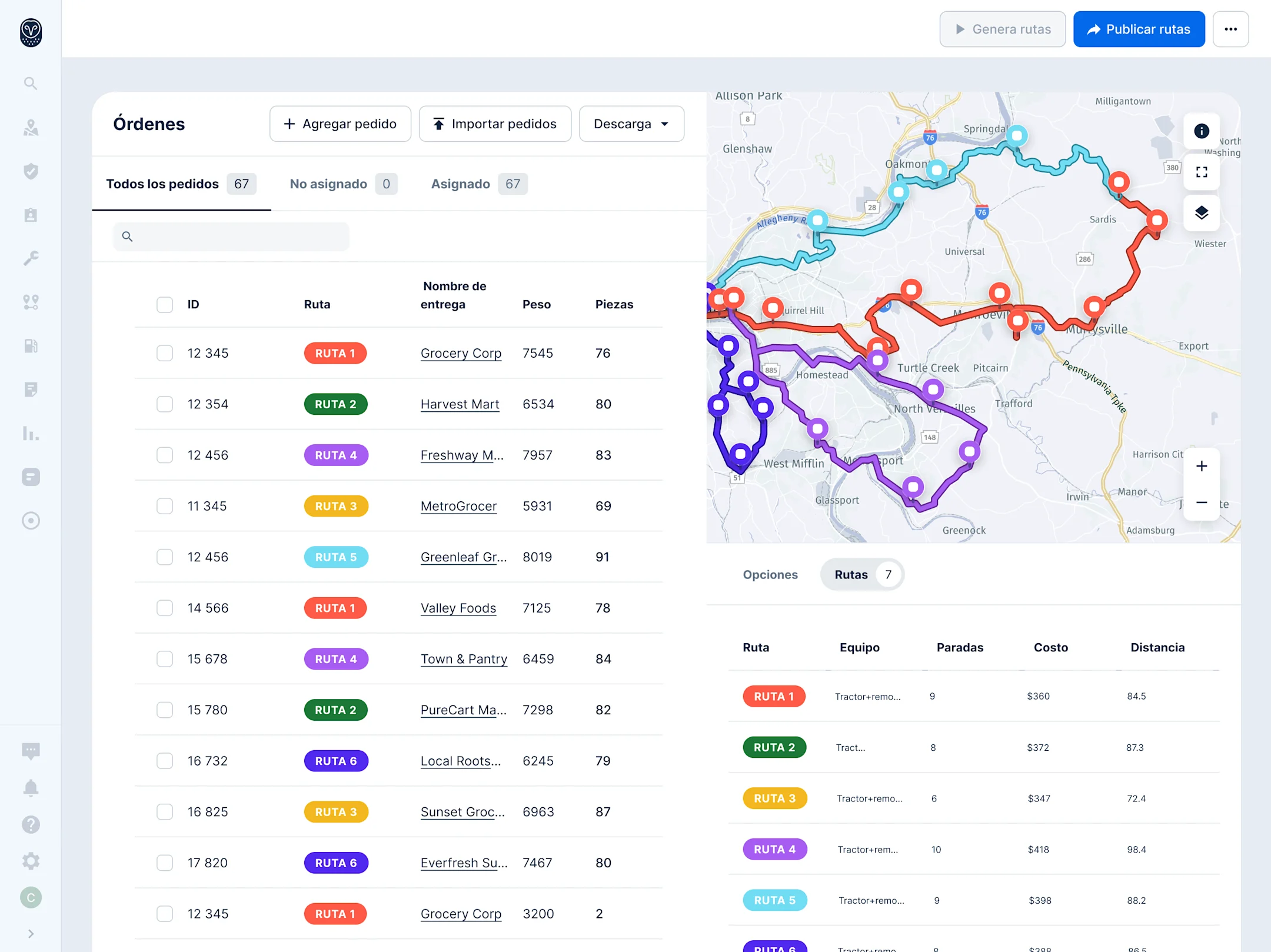 Interfaz de gestión de entregas con mapa de rutas codificadas por colores para diferentes destinos comerciales.