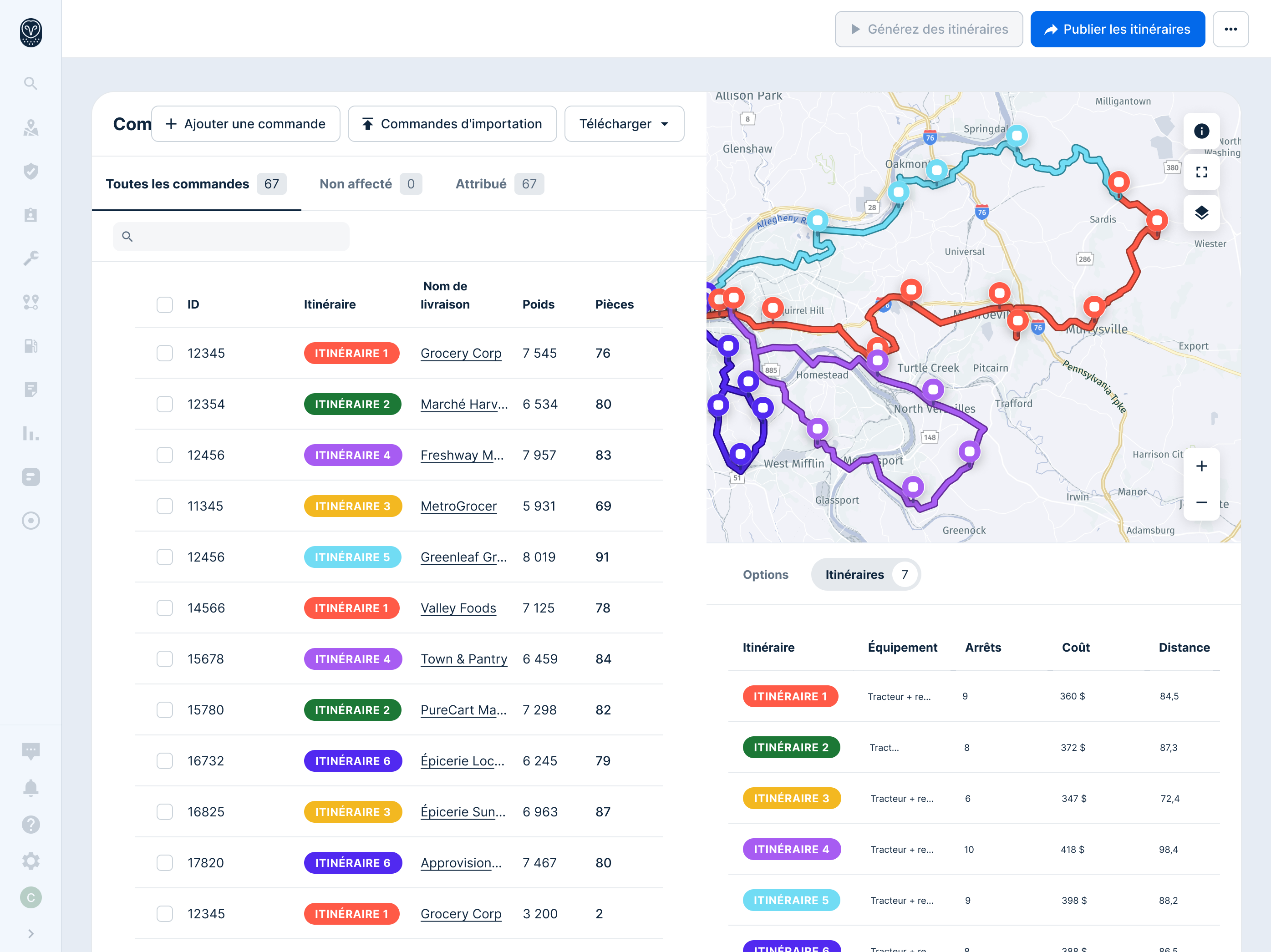 Interface de gestion de livraison et carte interactive montrant différents itinéraires colorés pour les livreurs.