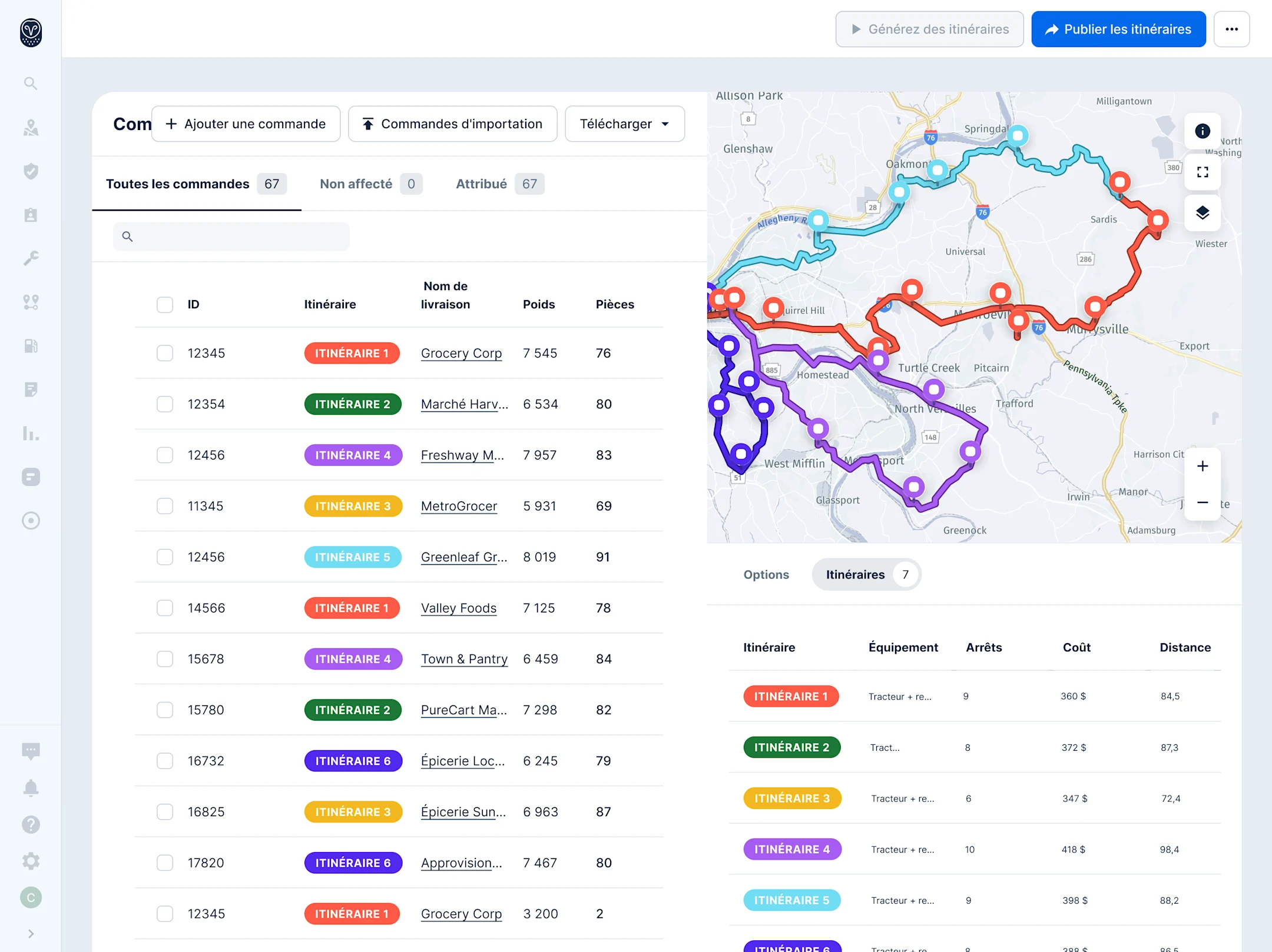 Interface de gestion de livraison et carte interactive montrant différents itinéraires colorés pour les livreurs.