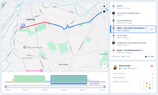 Chauffeurvolgkaart met route van Reading Depot naar Dukinfield Distribution, met tijdlijn en veiligheidsovertredingen