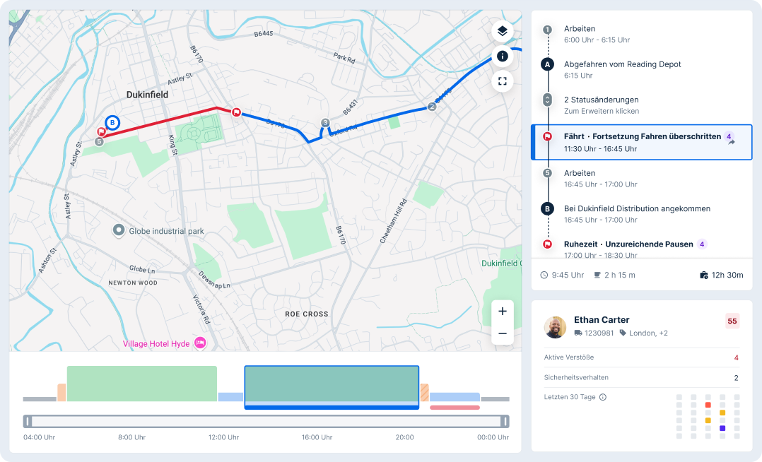 Fahrer-Tracking-Karte, die die Route vom Reading Depot zu Dukinfield Distribution mit Zeitplan und Sicherheitsverstößen zeigt