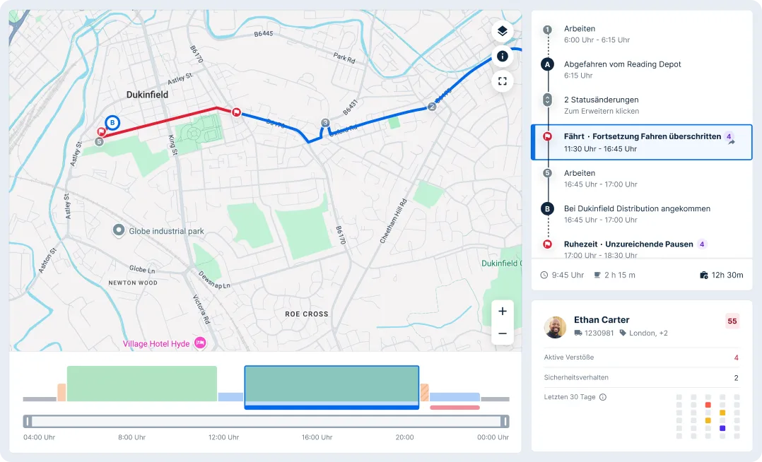 Fahrer-Tracking-Karte, die die Route vom Reading Depot zu Dukinfield Distribution mit Zeitplan und Sicherheitsverstößen zeigt
