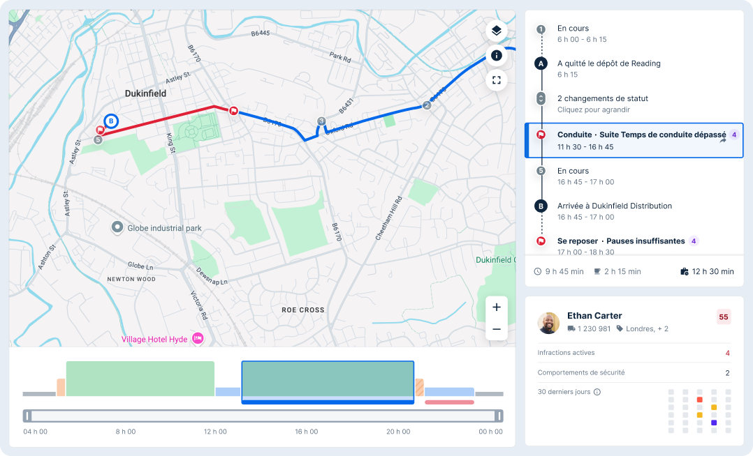 Carte de suivi du conducteur (itinéraire de Reading Depot à Dukinfield Distribution, chronologie et infractions de sécurité)