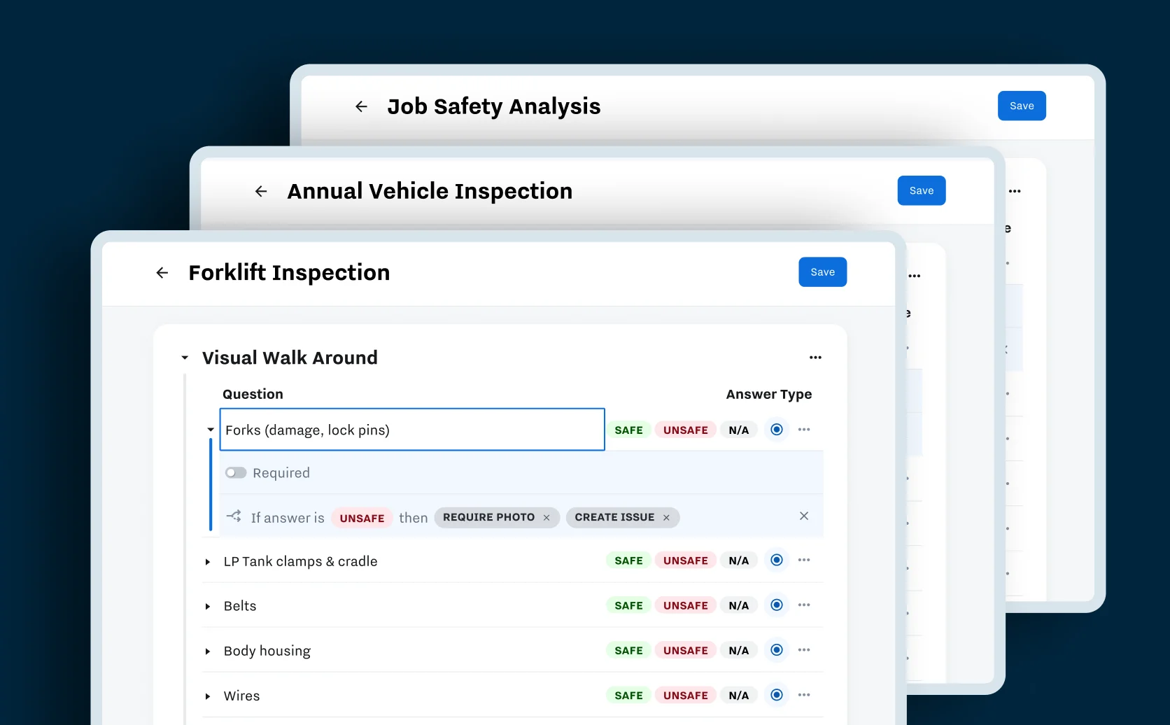 Easily create digital forms like inspections, checklists, audits, and reports for any vehicle