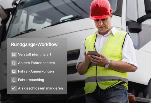 Bauarbeiter mit rotem Helm und Warnweste überprüft Mobiltelefon neben LKW, wobei die Workflow-Schritte angezeigt werden.