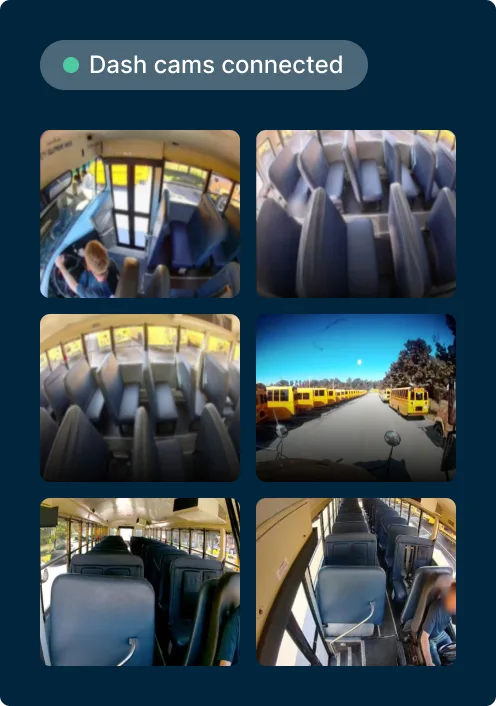 Dashboard showing 6 connected school bus camera views with interior seating and exterior views, labeled "Dash cams connected"