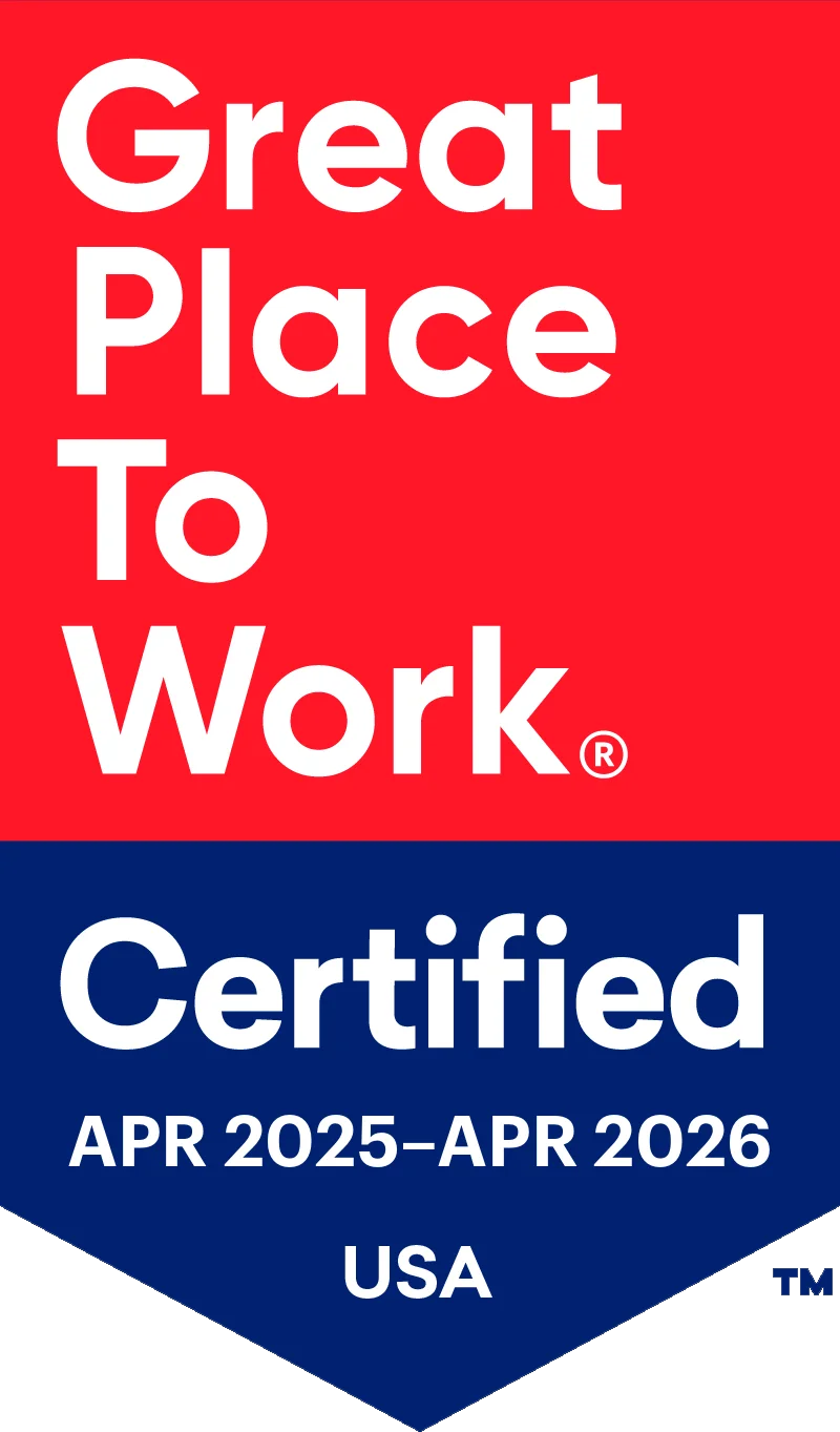 Great Place To Work Certified badge for USA, April 2025 to April 2026, in red and navy blue.