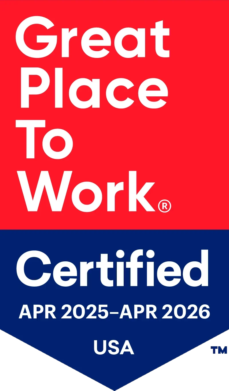 Great Place To Work Certified badge for USA, April 2025 to April 2026, in red and navy blue.