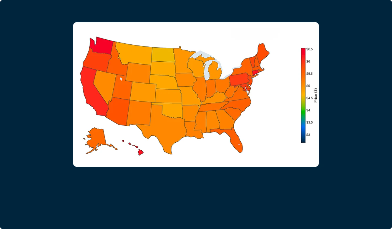 US map showing price variations across states, with highest prices in red states like California, Washington, and Hawaii.