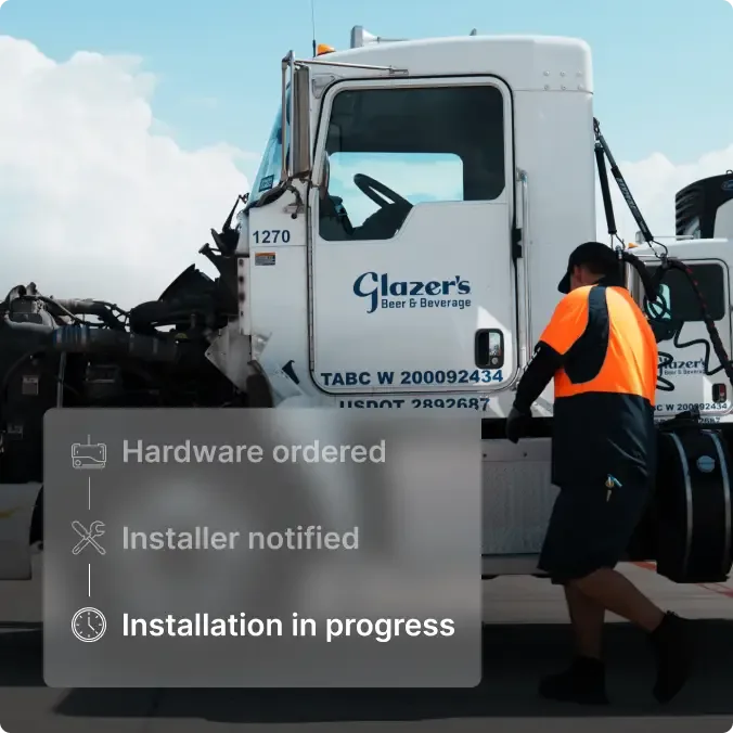Worker in orange safety vest beside Glazer's Beer & Beverage truck with installation progress overlay showing three steps.
