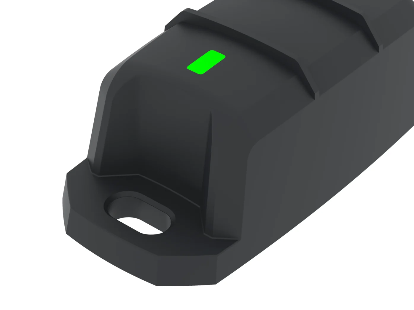 Black electronic device or charging dock with bright green indicator light and mounting hole.