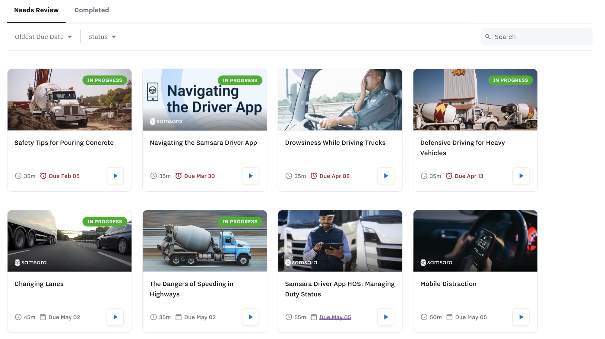 View of training progress in Driver Portal