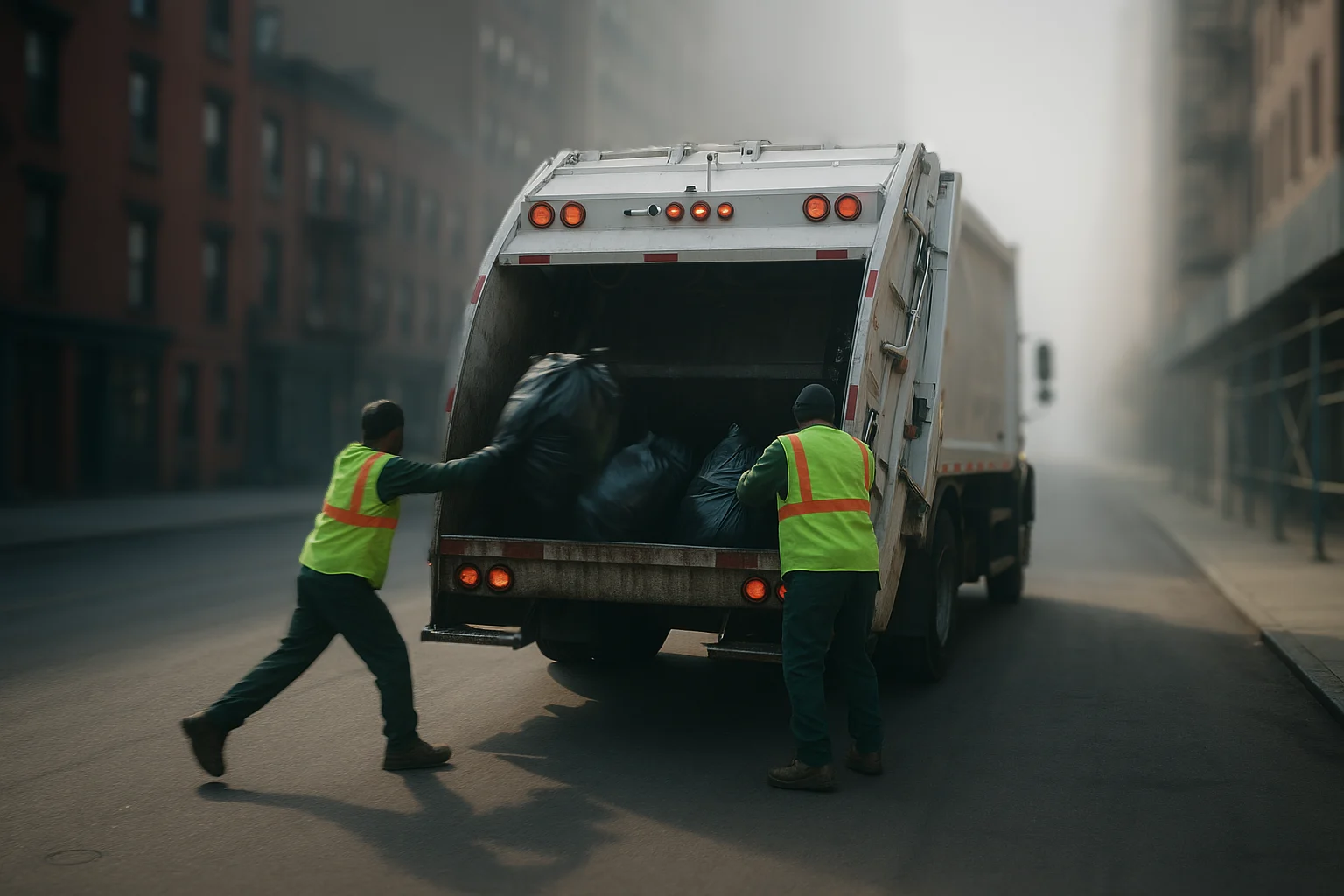 Des éboueurs jettent des sacs d'ordures dans un camion poubelle
