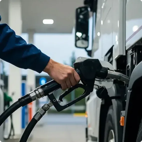 Person in blue sleeve holding fuel pump nozzle at gas station, refueling a vehicle.