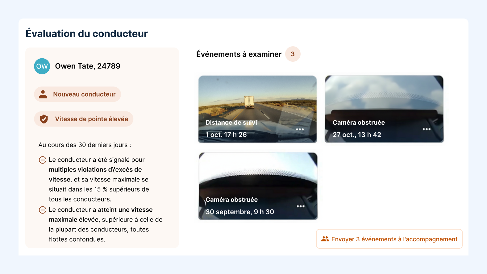 Tableau de révision du conducteur Owen Tate avec 3 événements : distance de suivi et caméras obstruées.