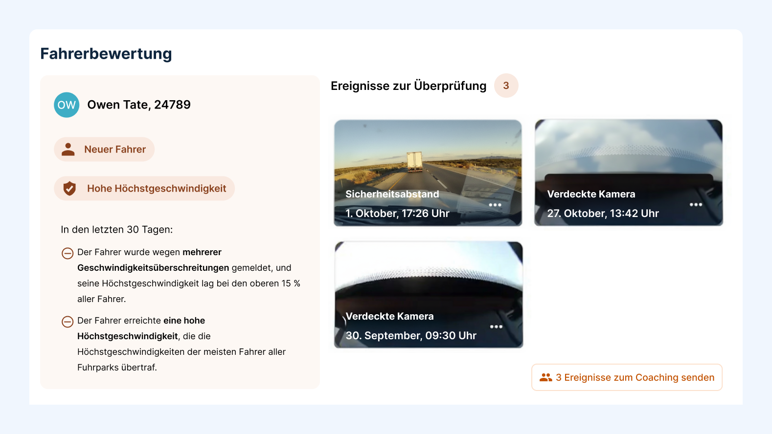Fahrer-Review-Dashboard für Owen Tate mit 3 Ereignissen: Abstand, verdeckte Kamera und Geschwindigkeitsverstöße.