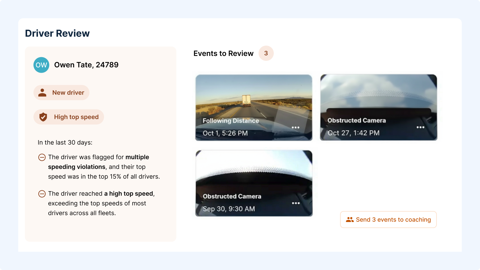 Driver review dashboard for Owen Tate showing safety flags and 3 dashcam events including following distance