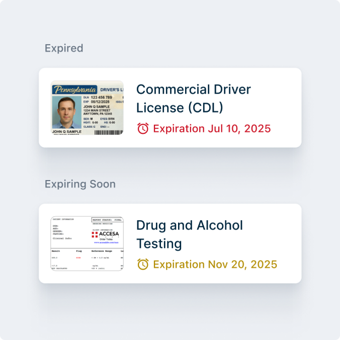Digital interface showing expired CDL license and drug testing document with upcoming November 2025 expiration date.