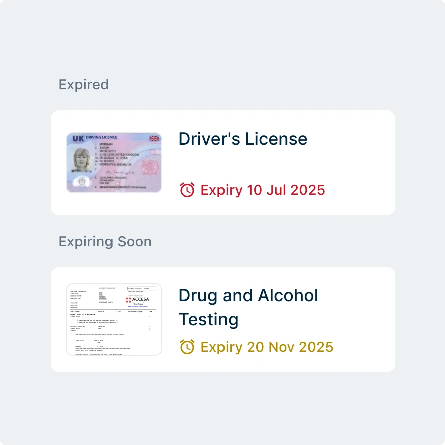 Digital interface showing expired CDL licence and drug-testing document with upcoming November 2025 expiry date.