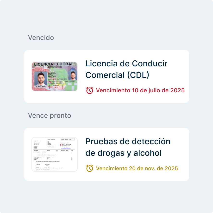 Interfaz digital que muestra la licencia CDL vencida y el documento de prueba de drogas que vence en noviembre de 2025.