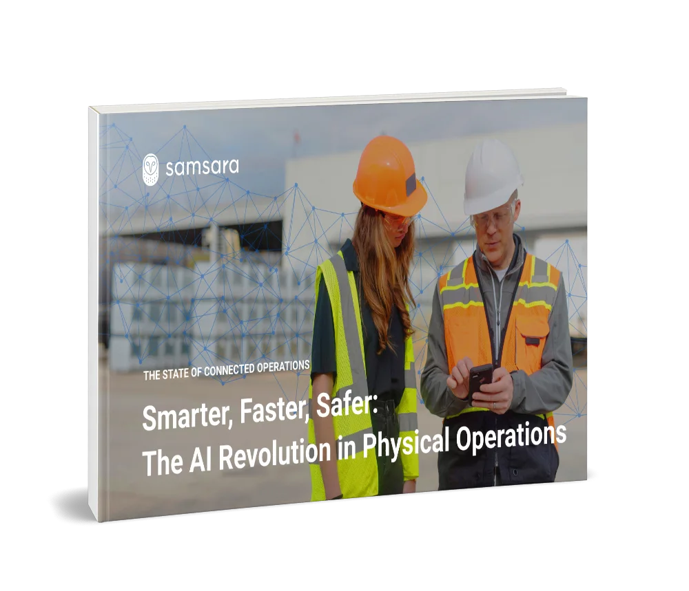 The State of Connected Operations Report: Smarter, Faster, Safer” with two workers and AI technology overlay