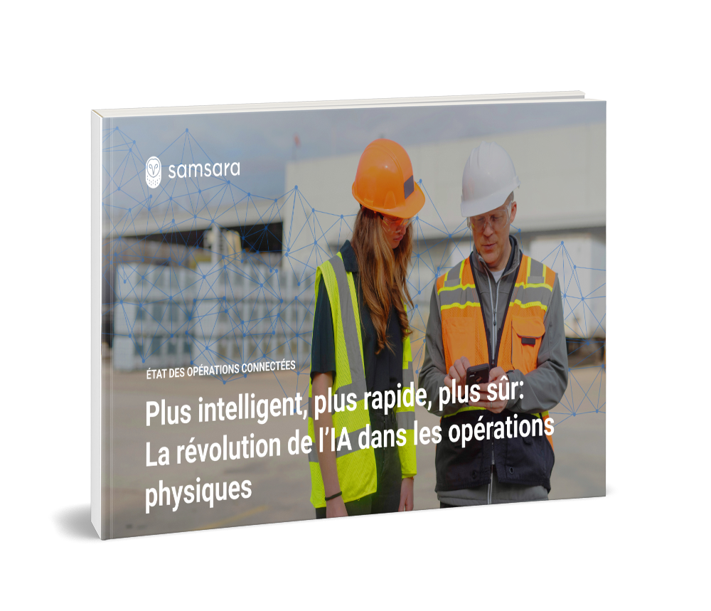 The State of Connected Operations Report: Smarter, Faster, Safer ” avec 2 employés et une superposition de technologie d'IA