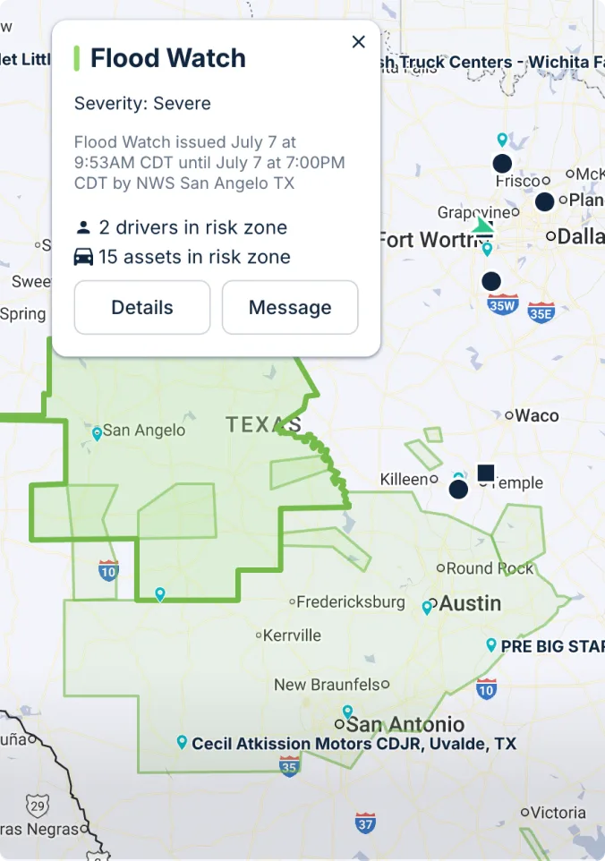 Map showing severe flood watch alert in Texas with 2 drivers and 15 assets in risk zone, issued by NWS San Angelo until 7PM.