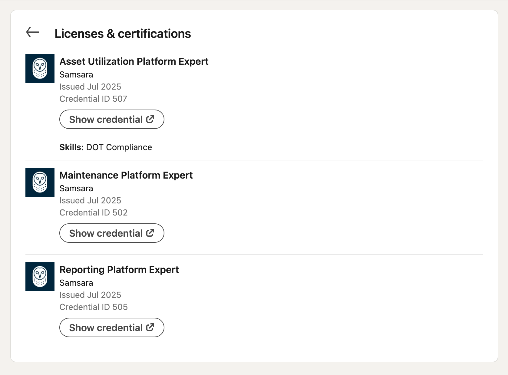 Screenshot of Samsara Academy credentials