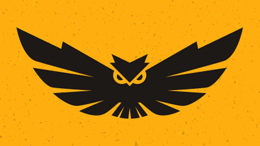 Black owl logo with wings spread wide on a bright yellow textured background.