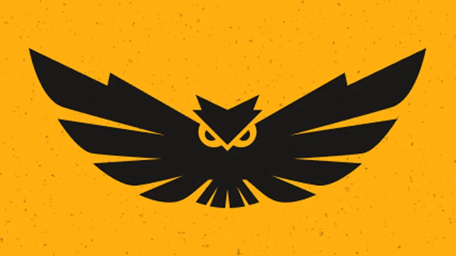 Black owl logo with wings spread wide on a bright yellow textured background.