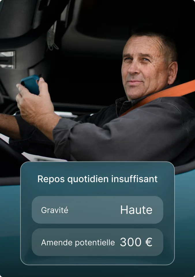 Alerte « Repos quotidien insuffisant » notifiée à un conducteur dans sa cabine. Gravité élevée et risque d’amende de 300 £.