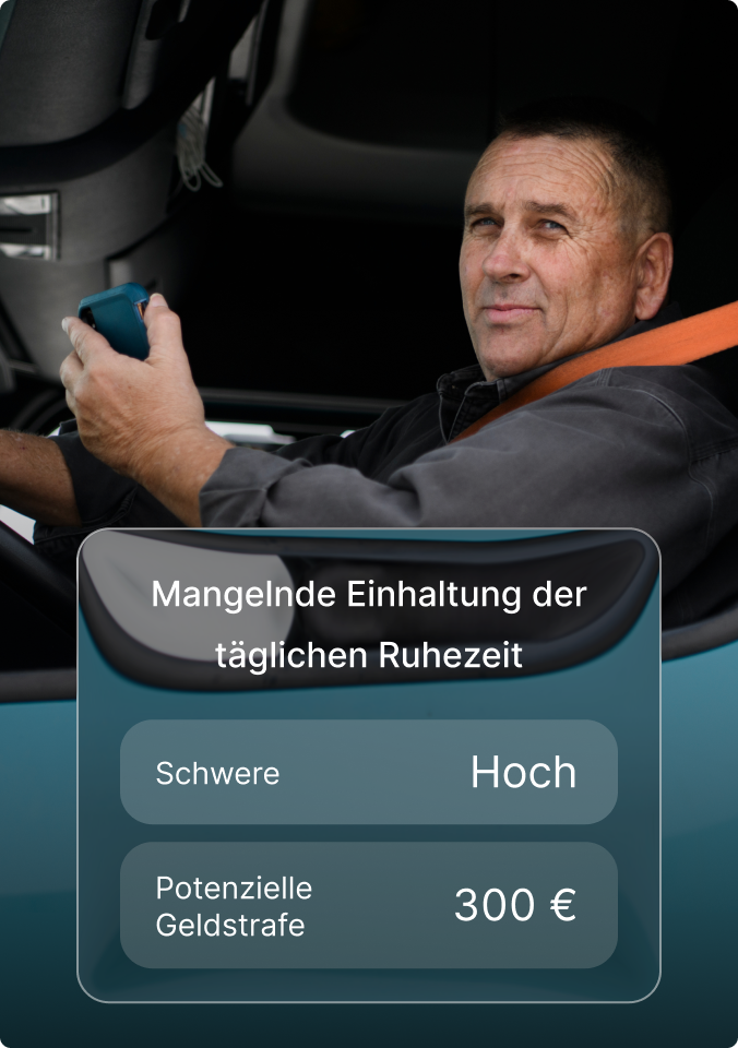 Fahrer in LKW-Kabine mit Warnung zu unzureichender tägl. Ruhezeit, mit hohem Schweregrad und möglicher Geldstrafe von 300 £.