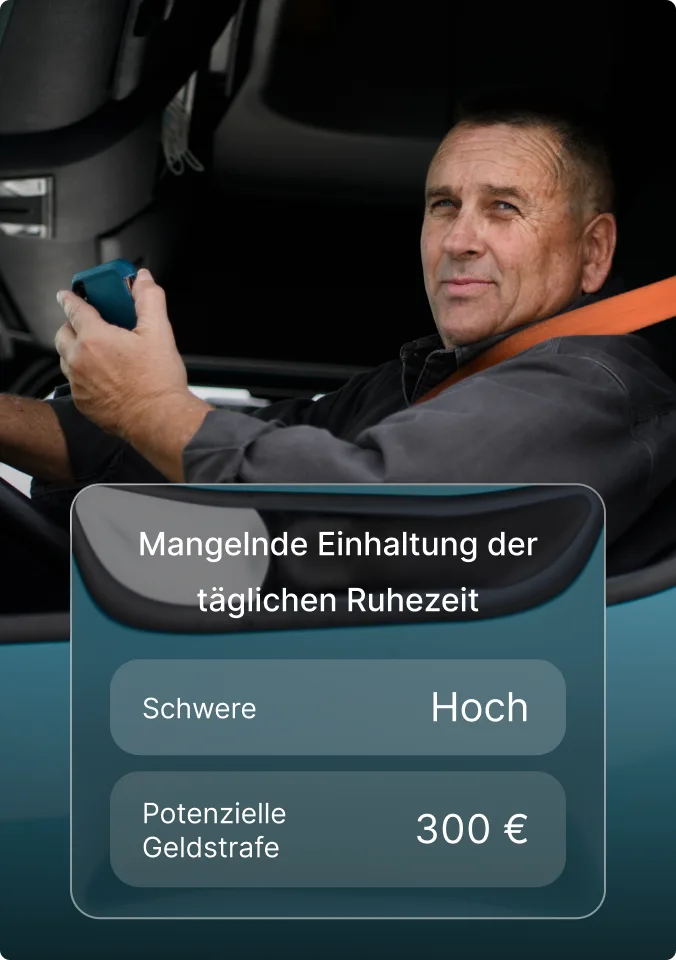 Fahrer in LKW-Kabine mit Warnung zu unzureichender tägl. Ruhezeit, mit hohem Schweregrad und möglicher Geldstrafe von 300 £.