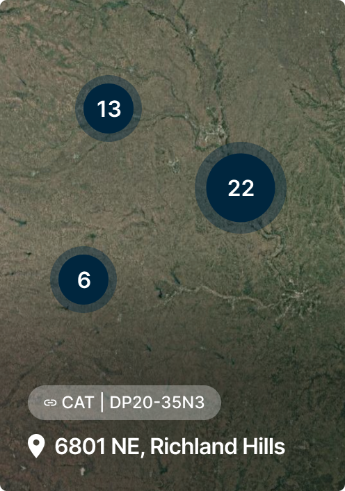 Vue aérienne de Richland Hills avec trois marqueurs numérotés (6, 13, 22) et un filtre d’emplacement indiquant 6801 NE.