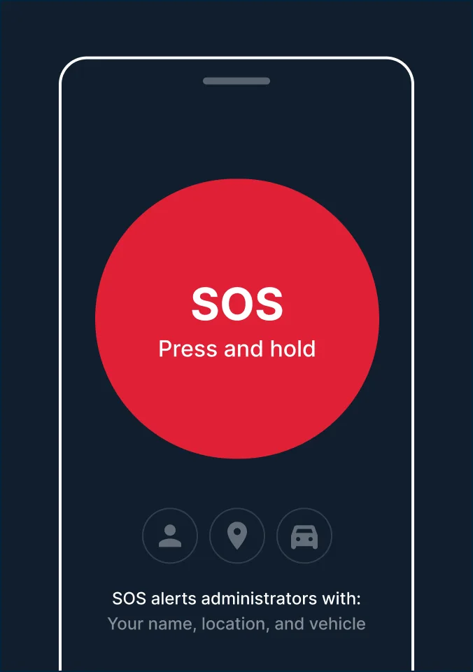Smartphone screen showing a red SOS emergency button with "Press and hold" text and icons for sharing name, location