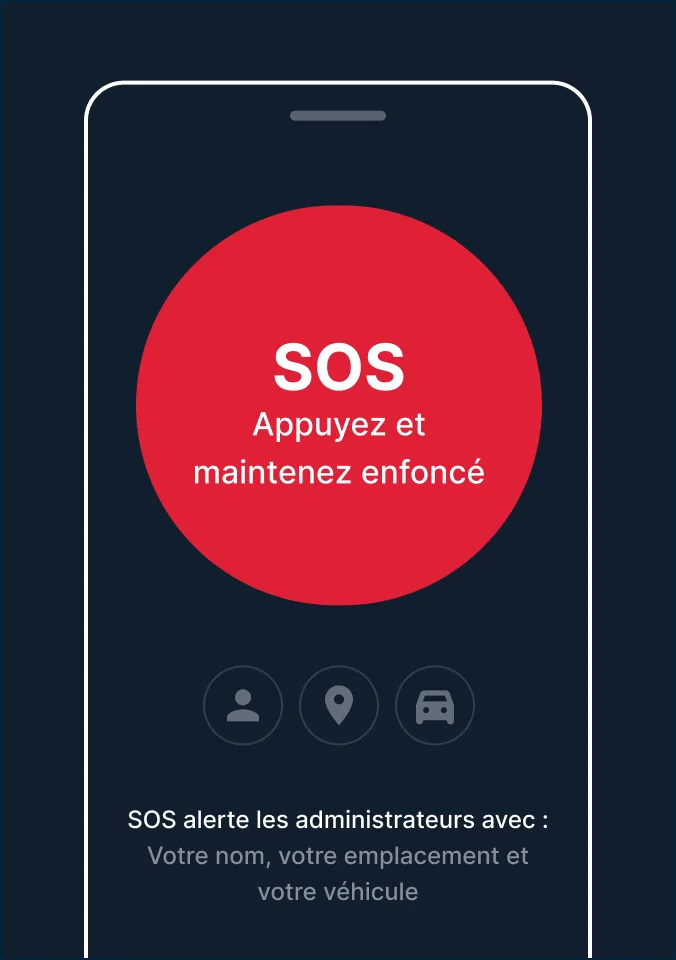 Écran de téléphone intelligent affichant un bouton d’urgence SOS rouge avec texte « Appuyer et maintenir » et des icônes