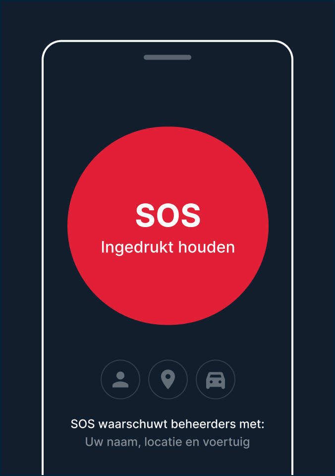 Smartphonescherm met een rode SOS-noodknop met de tekst 'Press en hold' en pictogrammen voor het delen van naam en locatie