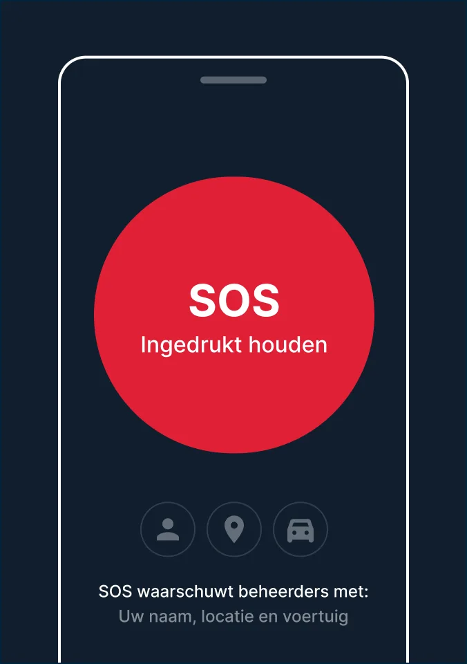 Smartphonescherm met een rode SOS-noodknop met de tekst 'Press en hold' en pictogrammen voor het delen van naam en locatie