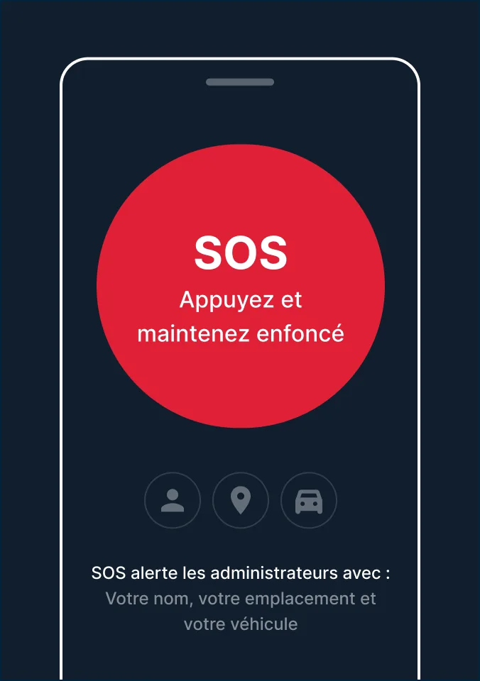Écran du portable avec un bouton SOS rouge, « Appuyer et maintenir » et des icônes pour partager le nom et l'emplacement