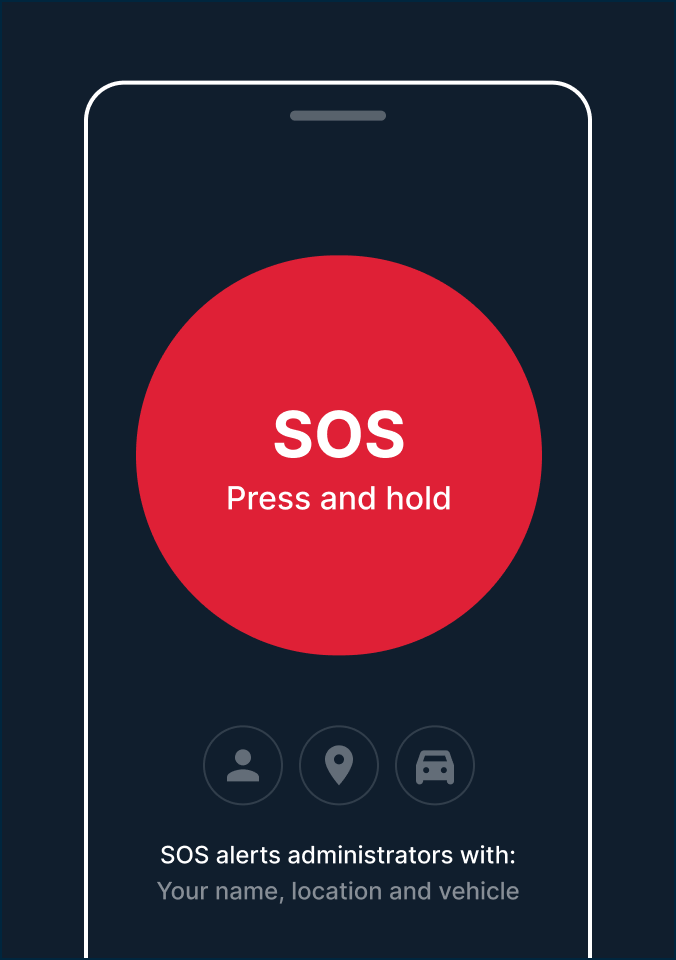 Smartphone screen showing a red SOS emergency button with 'Press and hold' text and icons for sharing name, location