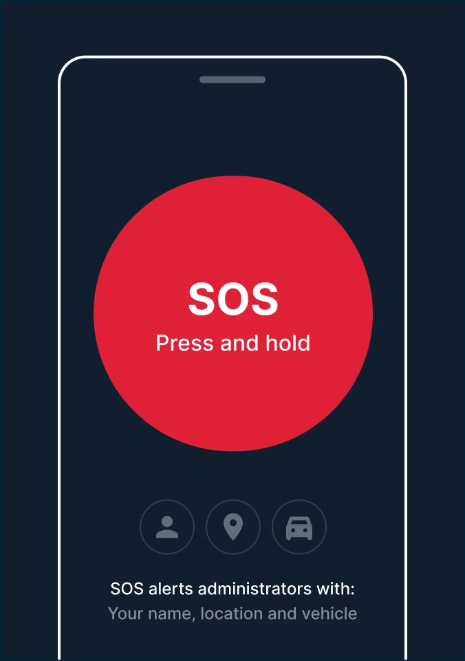Smartphone screen showing a red SOS emergency button with 'Press and hold' text and icons for sharing name, location