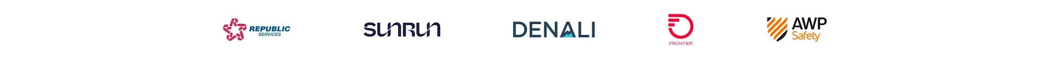 Row of five company logos: Republic Services, Sunrun, Denali, Frontier, and AWP Safety displayed horizontally.