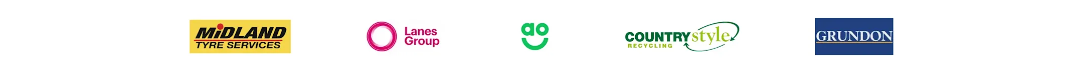 Row of company logos including Midland Tyre Services, Lanes Group, Country Style Recycling and Grundon.