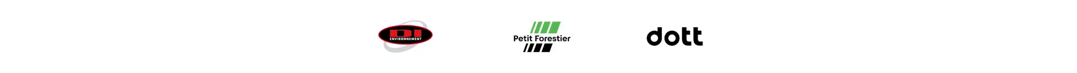 Trois logos d'entreprises alignés horizontalement : MBM (rouge/noir), Petit Forestier (vert) et dott (noir).
