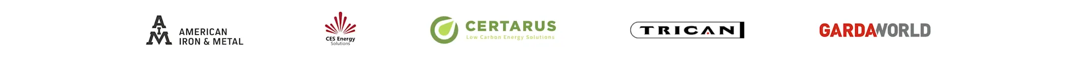 Logos de cinq entreprises: American Iron & Metal, CES Energy, Certarus, Trican et GardaWorld alignés horizontalement.