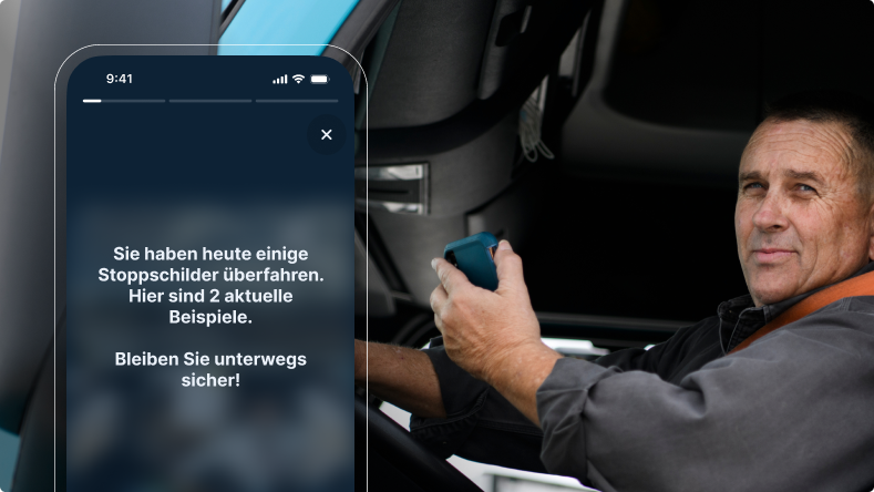 Ein Lkw-Fahrer erhält eine Smartphone-Benachrichtigung über ein überfahrenes Stoppschild mit Sicherheitserinnerung.