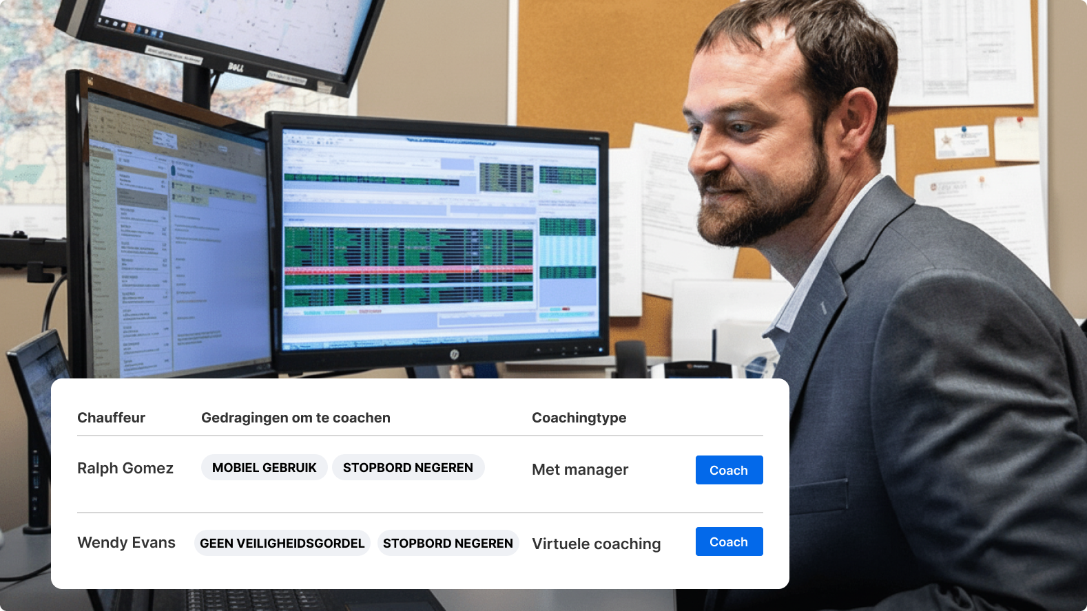 Iemand beoordeelt interface voor chauffeurscoaching met gedrag zoals mobiel gebruik en niet dragen van de veiligheidsgordel.