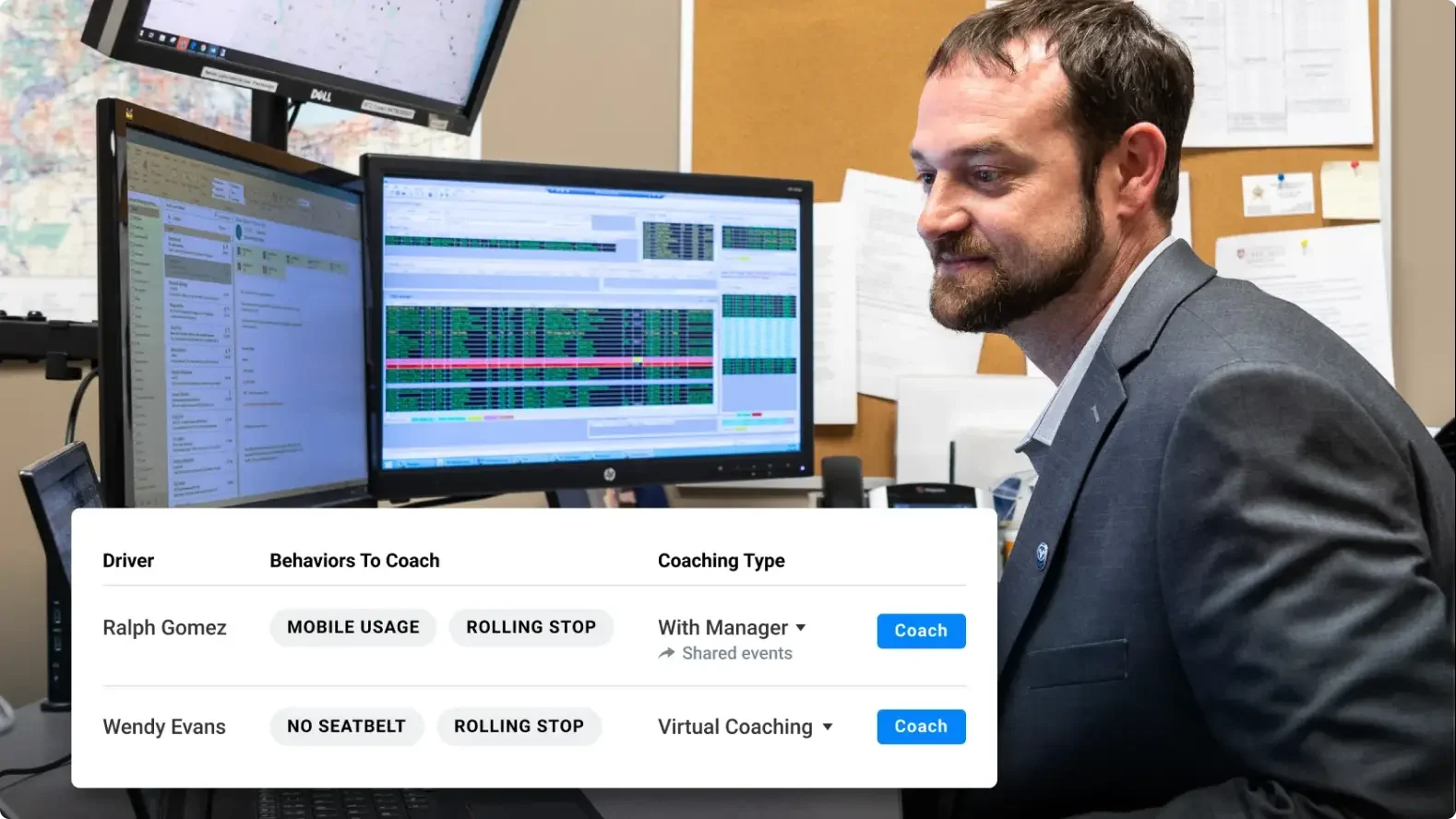 Professional reviewing driver coaching interface showing behaviors like mobile usage and seatbelt violations on monitors.