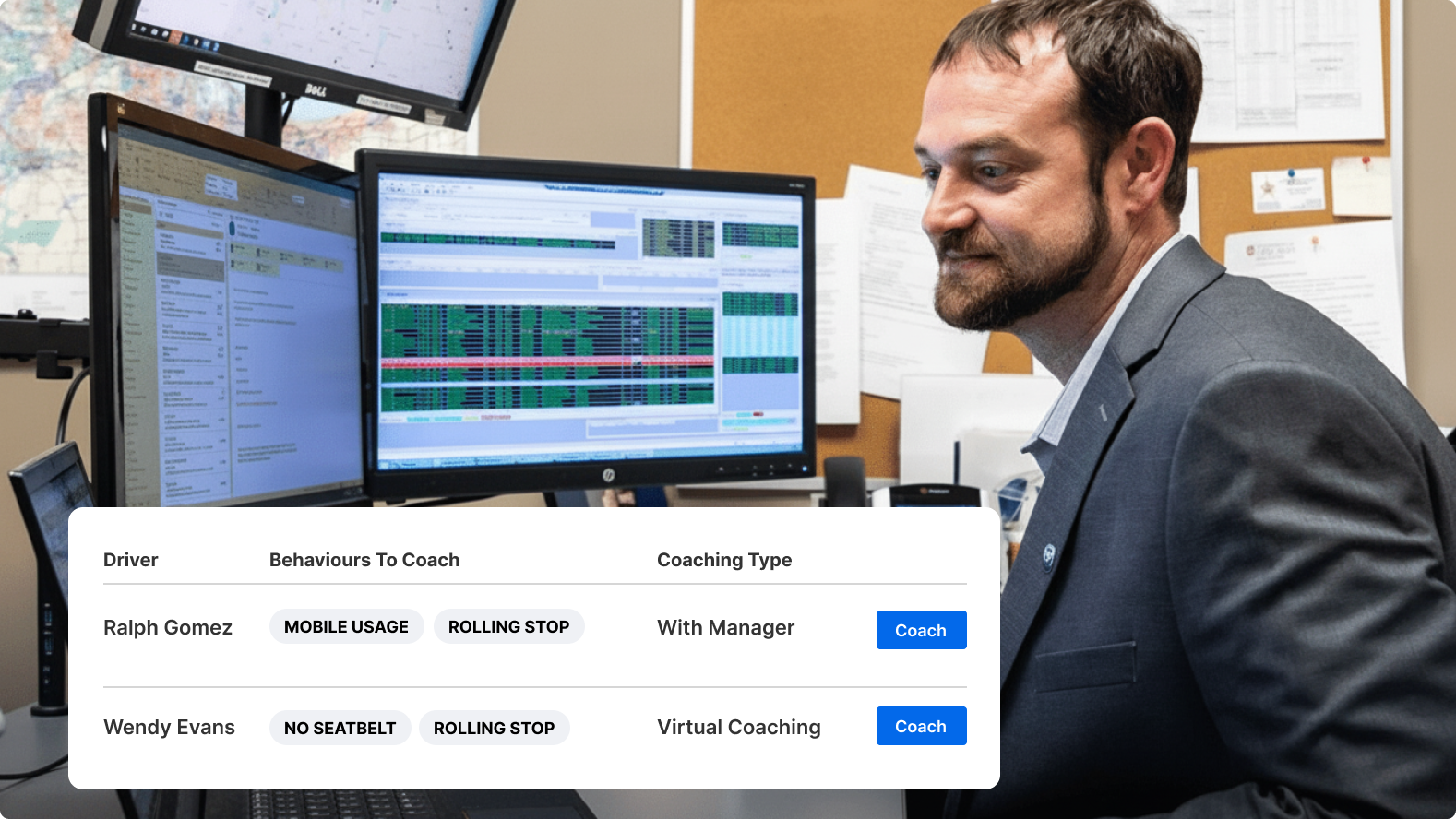 Professional reviewing driver coaching interface showing behaviours like mobile usage and seatbelt violations on monitors.