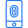 Blue outline icon of a smartphone with a fingerprint scanner on the screen for biometric authentication.